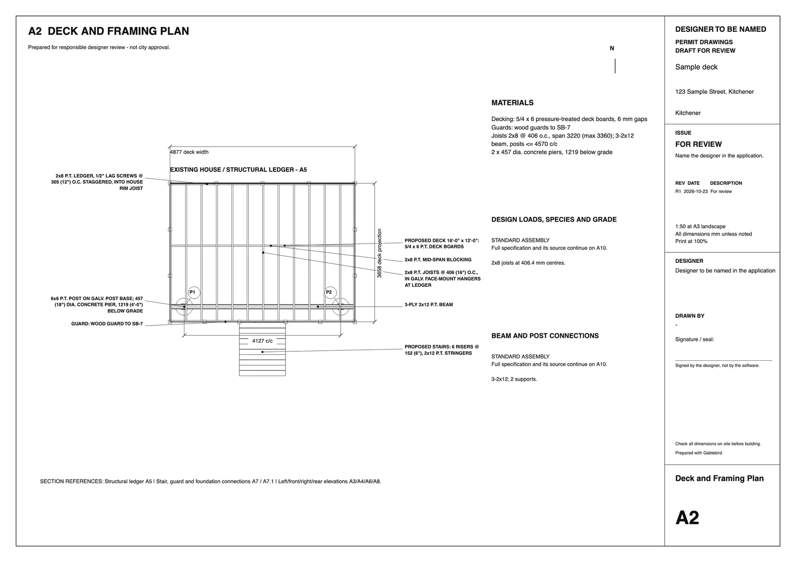 Sample permit sheet A2: Deck and framing plan