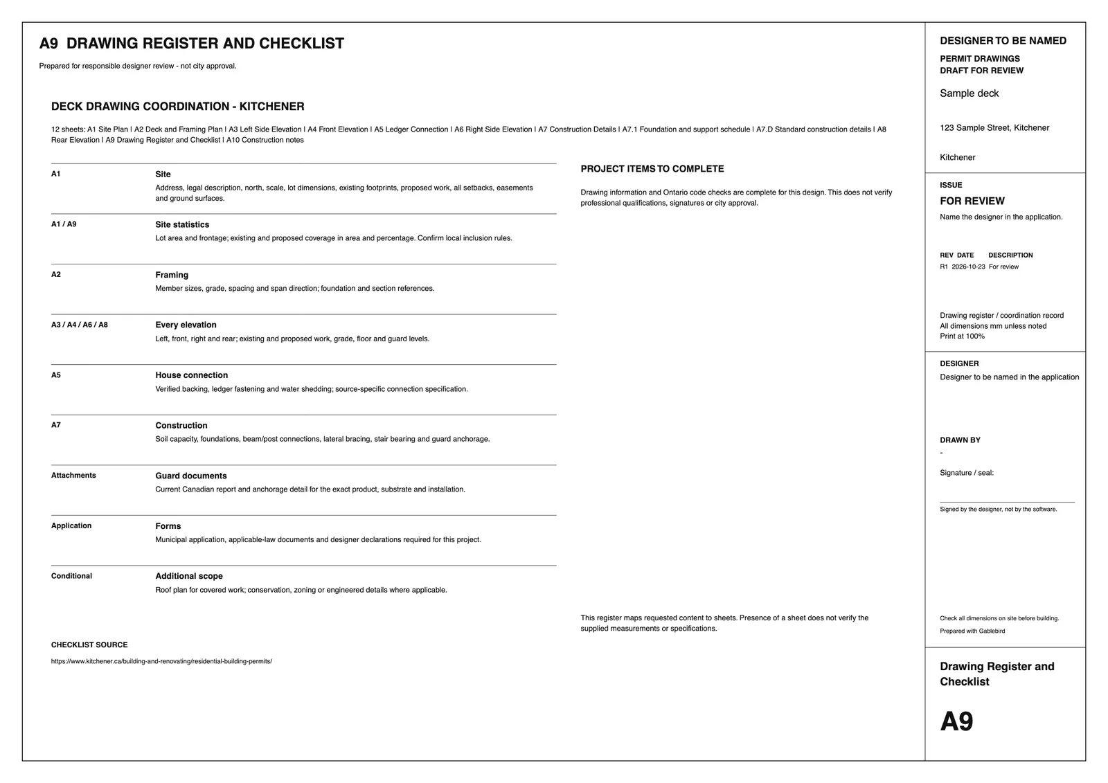 Sample permit sheet A9: Drawing register
